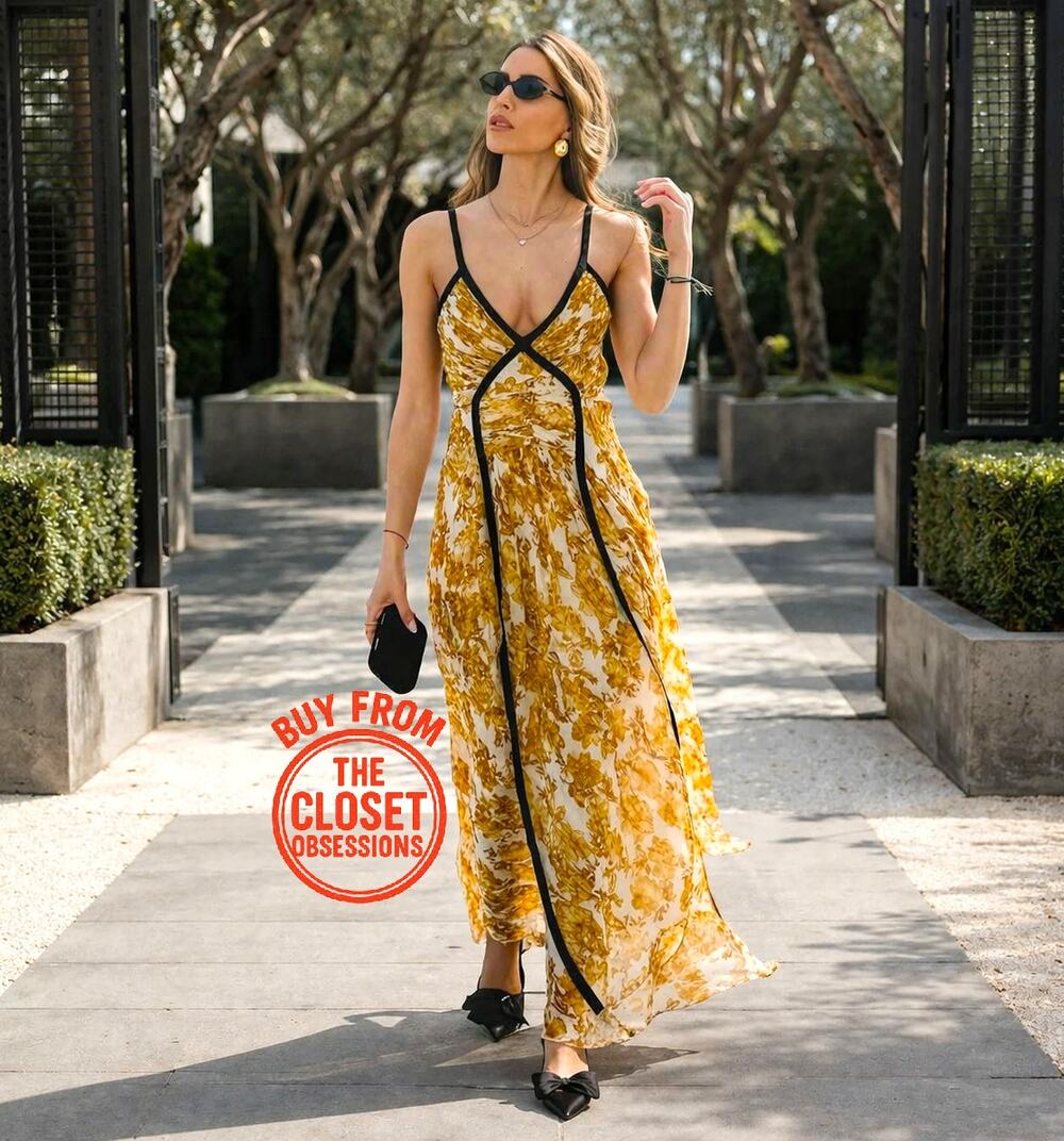 Zara NWT Yellow Baroque Print V Neck Maxi Dress M